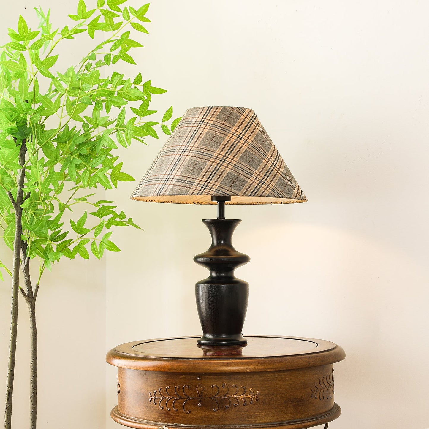 Oliver Table Lamp | Black Wooden Base | Plaid Fabric Shade