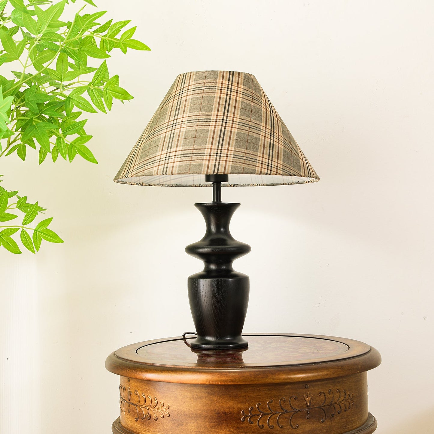 Oliver Table Lamp | Black Wooden Base | Plaid Fabric Shade
