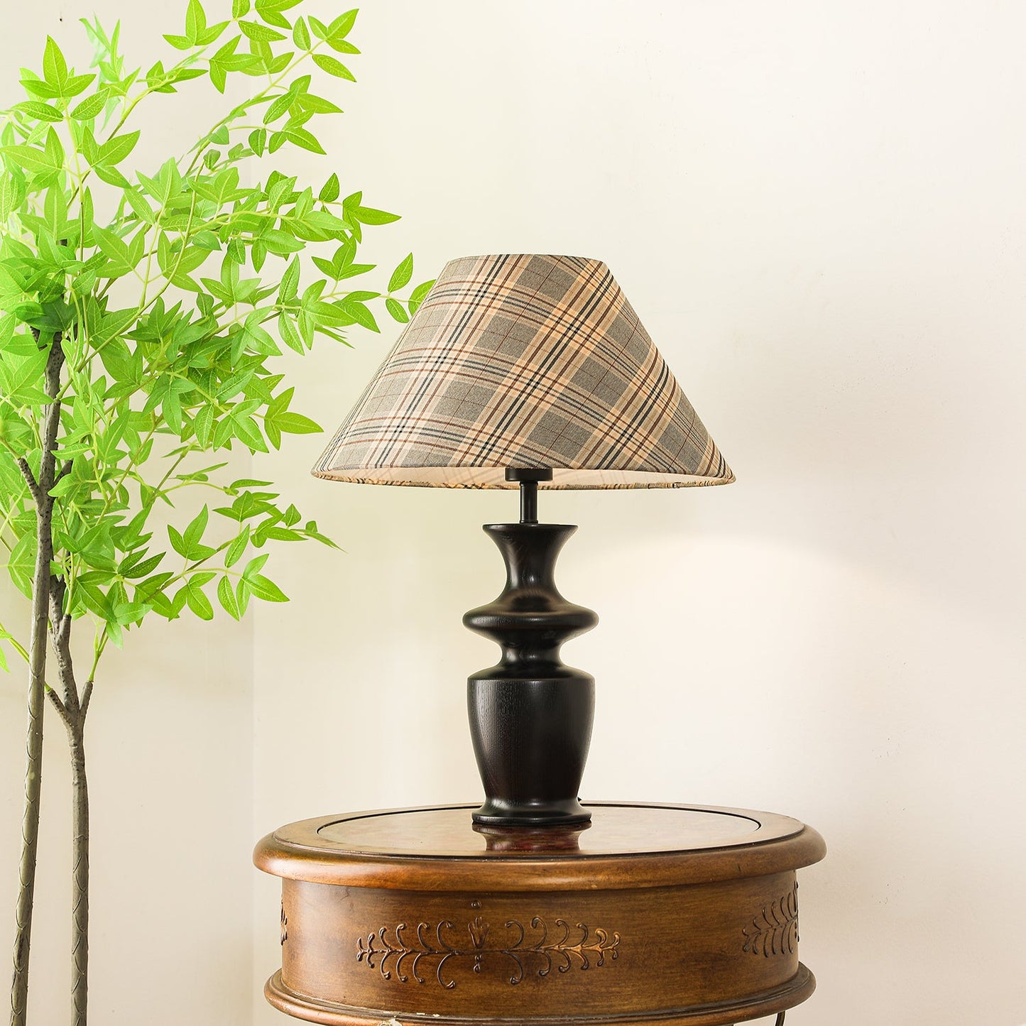 Oliver Table Lamp | Black Wooden Base | Plaid Fabric Shade