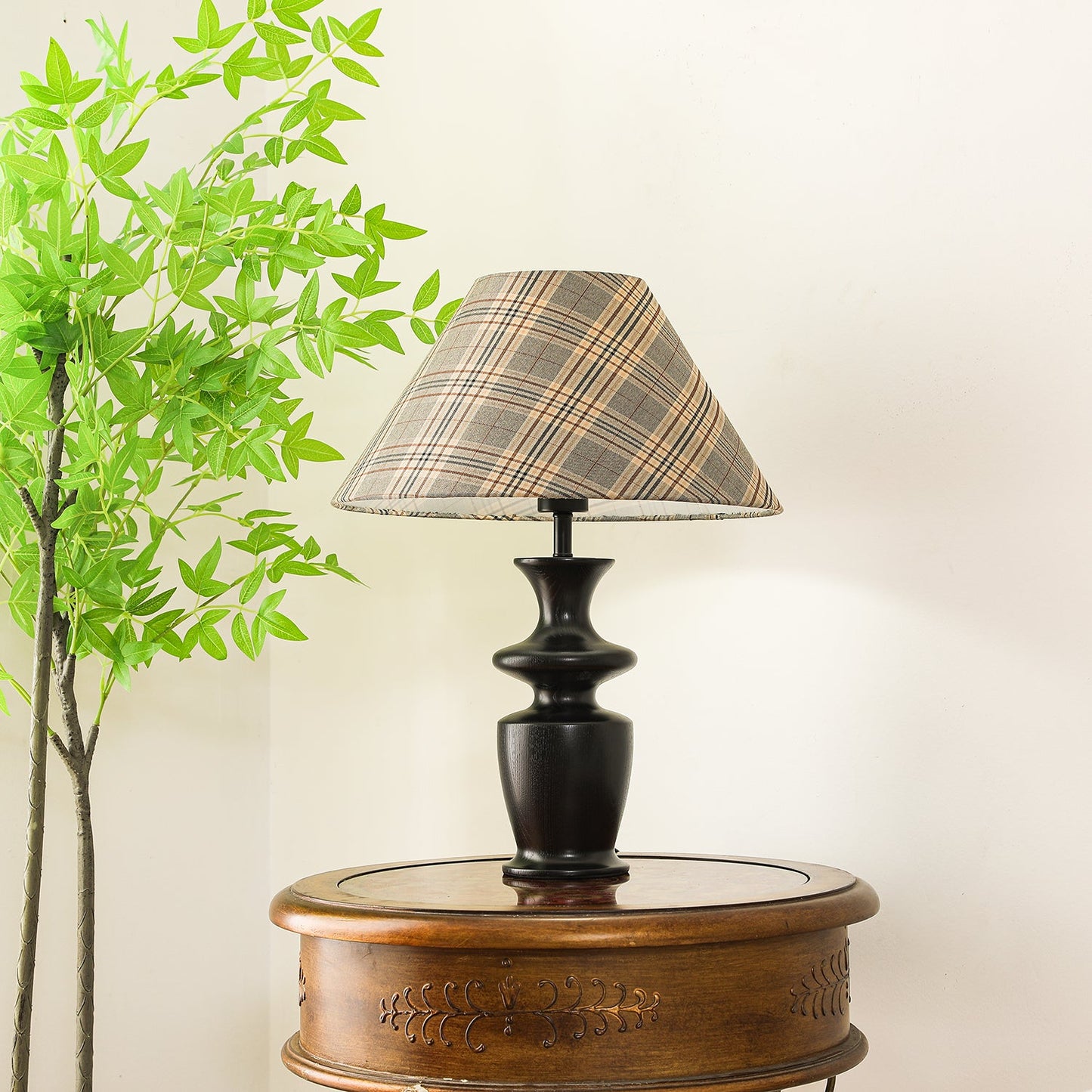Oliver Table Lamp | Black Wooden Base | Plaid Fabric Shade