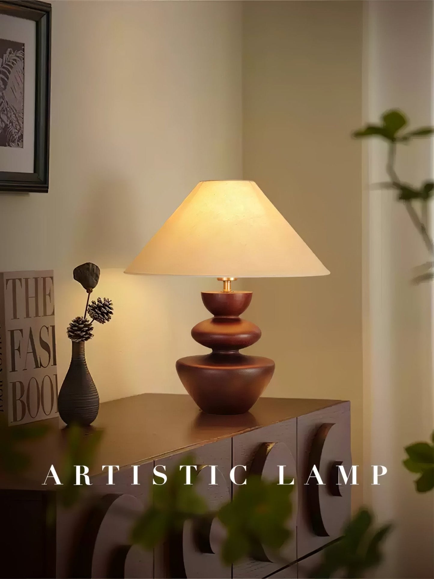 Ombra Totem Table Lamp | Wooden Base | Linen Shade | 40cm Diameter