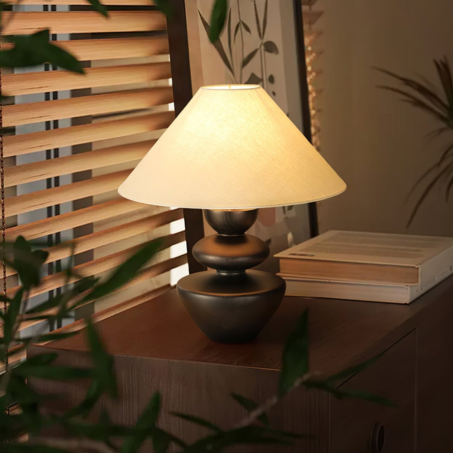 Ombra Totem Table Lamp | Wooden Base | Linen Shade | 40cm Diameter