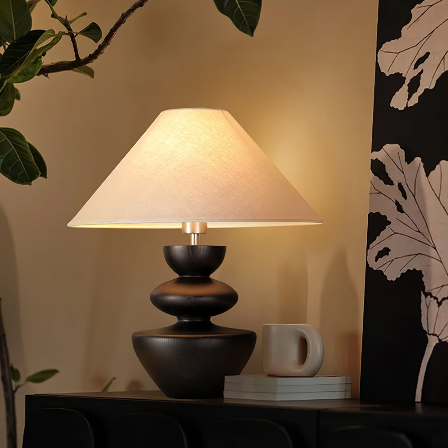 Ombra Totem Table Lamp | Wooden Base | Linen Shade | 40cm Diameter