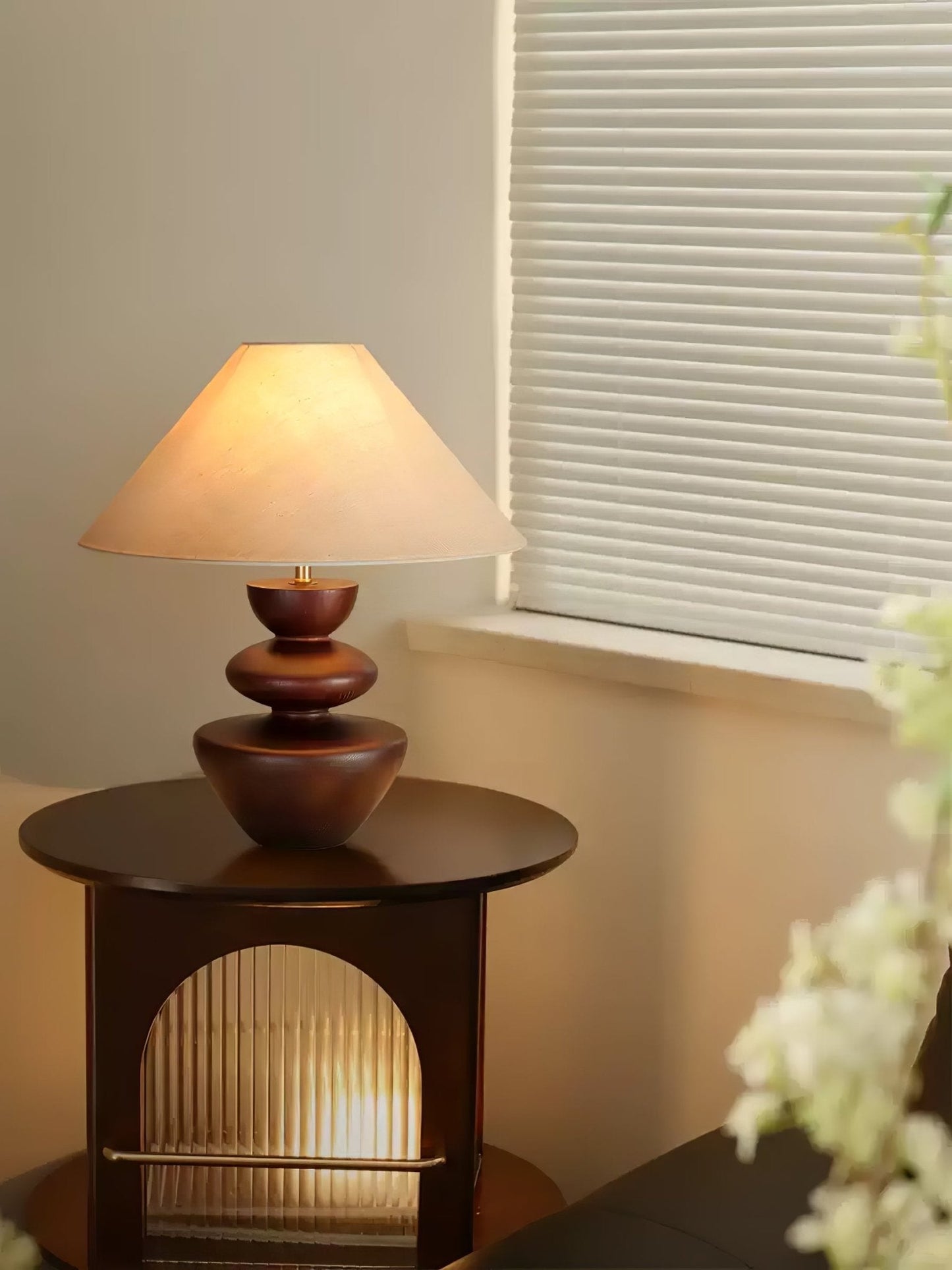 Ombra Totem Table Lamp | Wooden Base | Linen Shade | 40cm Diameter