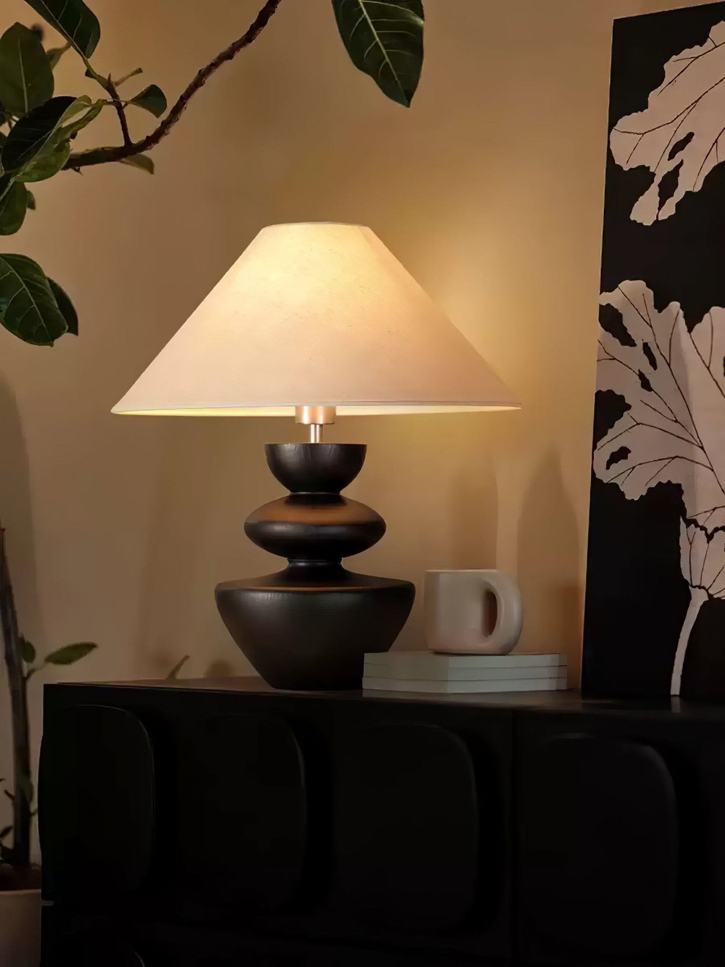 Ombra Totem Table Lamp | Wooden Base | Linen Shade | 40cm Diameter