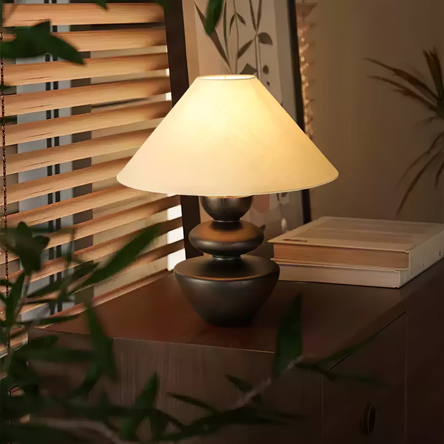 Ombra Totem Table Lamp | Wooden Base | Linen Shade | 40cm Diameter