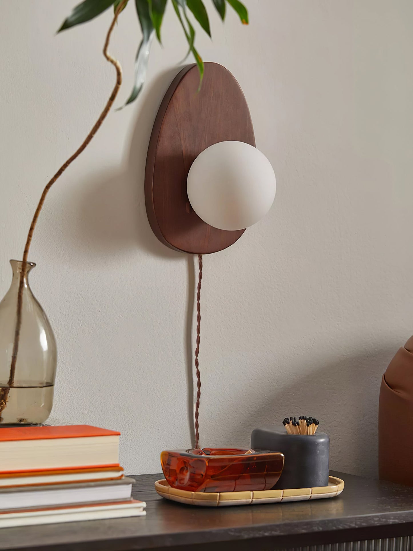 Walnut Wall Lamp | Wood & Glass | 18cm Diameter