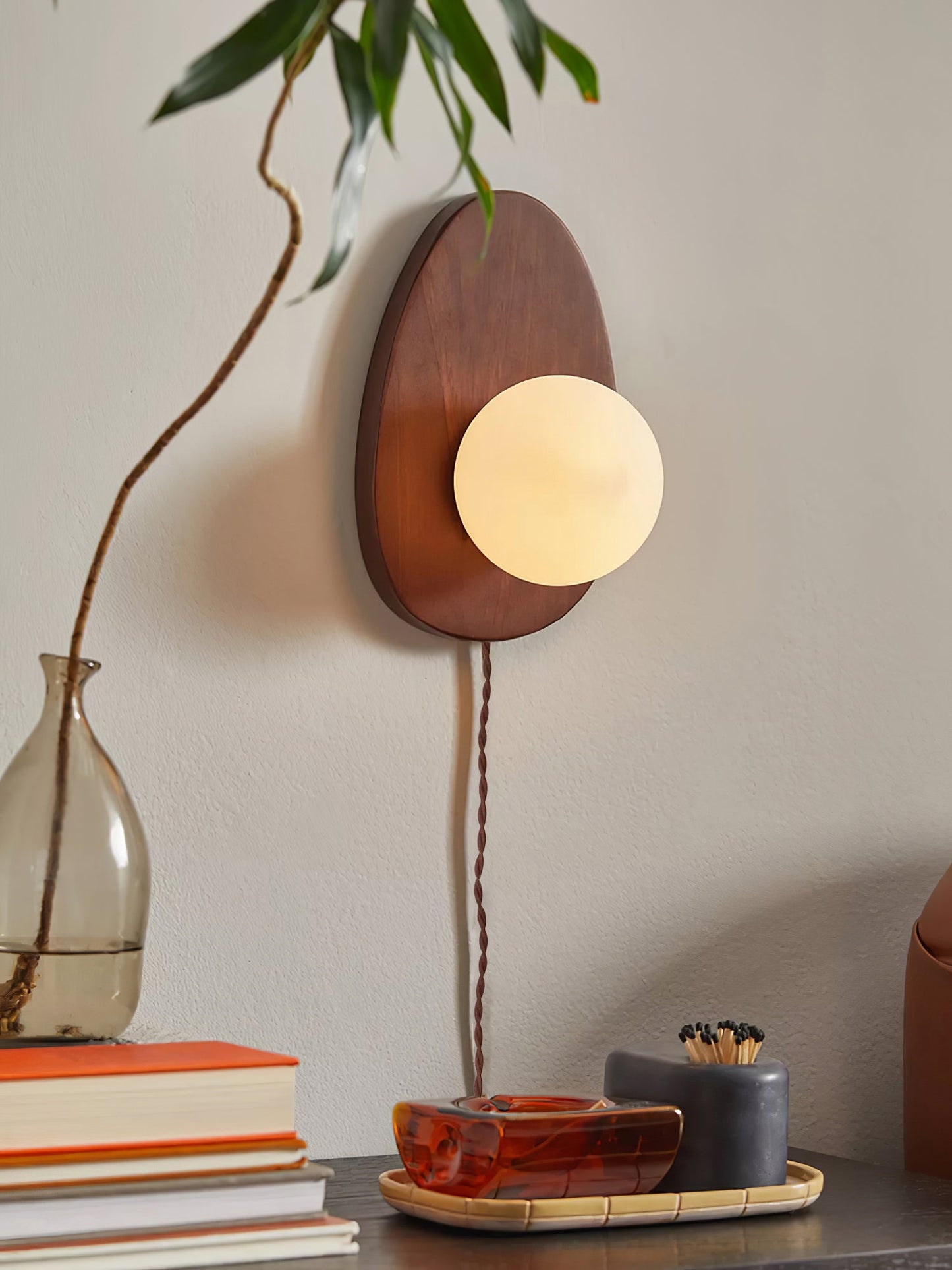 Walnut Wall Lamp | Wood & Glass | 18cm Diameter