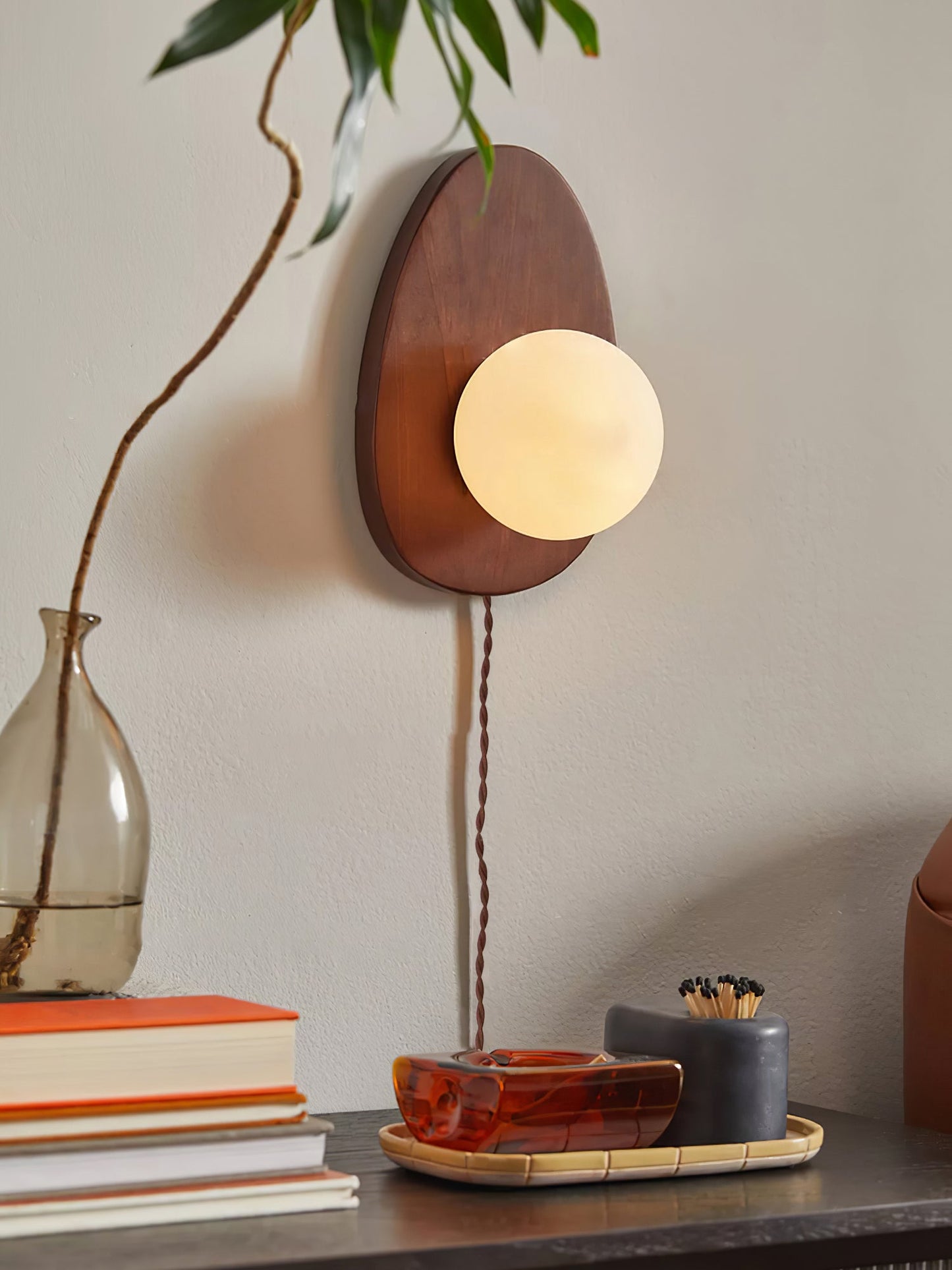Walnut Wall Lamp | Wood & Glass | 18cm Diameter