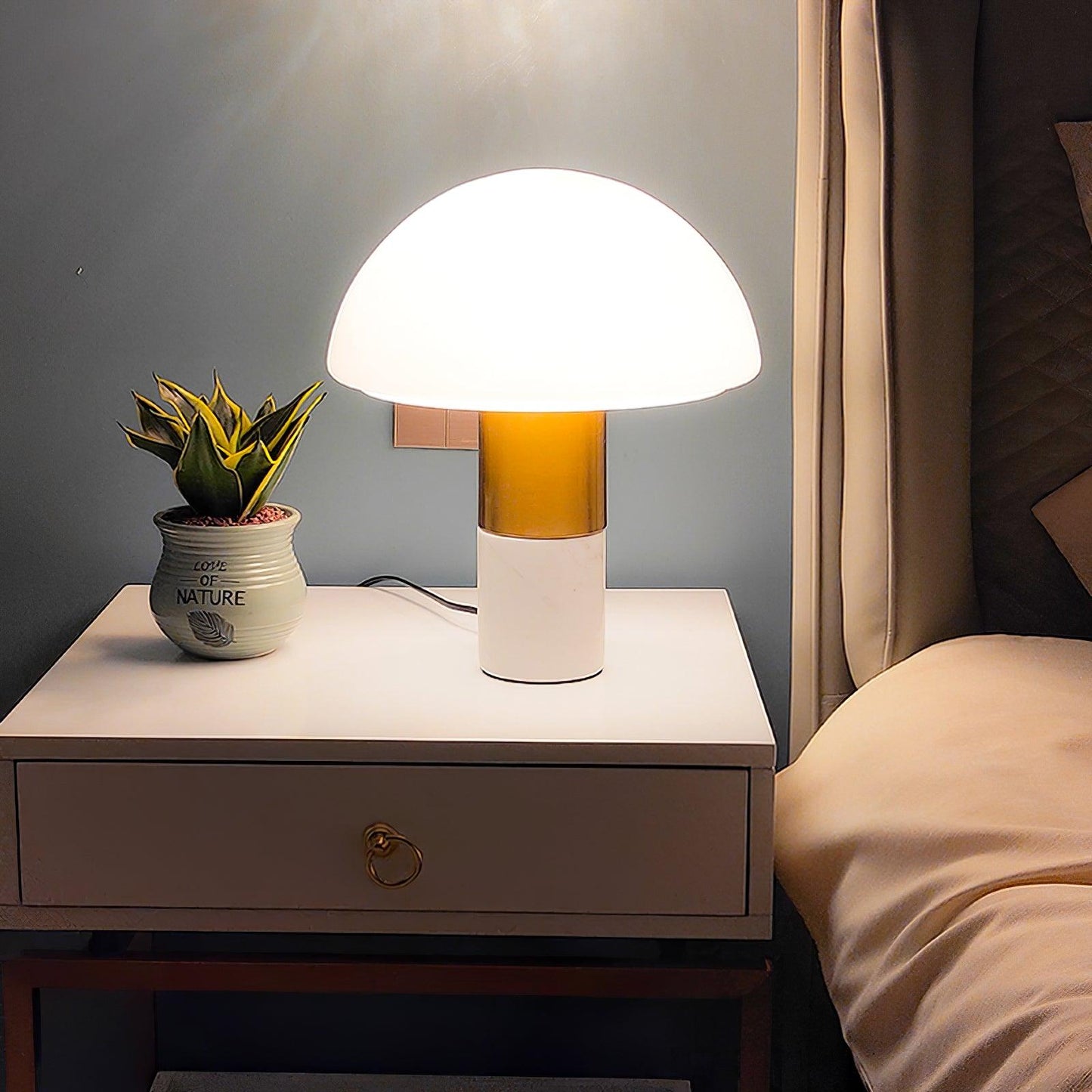 Orly Table Lamp | Metal Base with White Marble & Glass Shade | 30cm Diameter