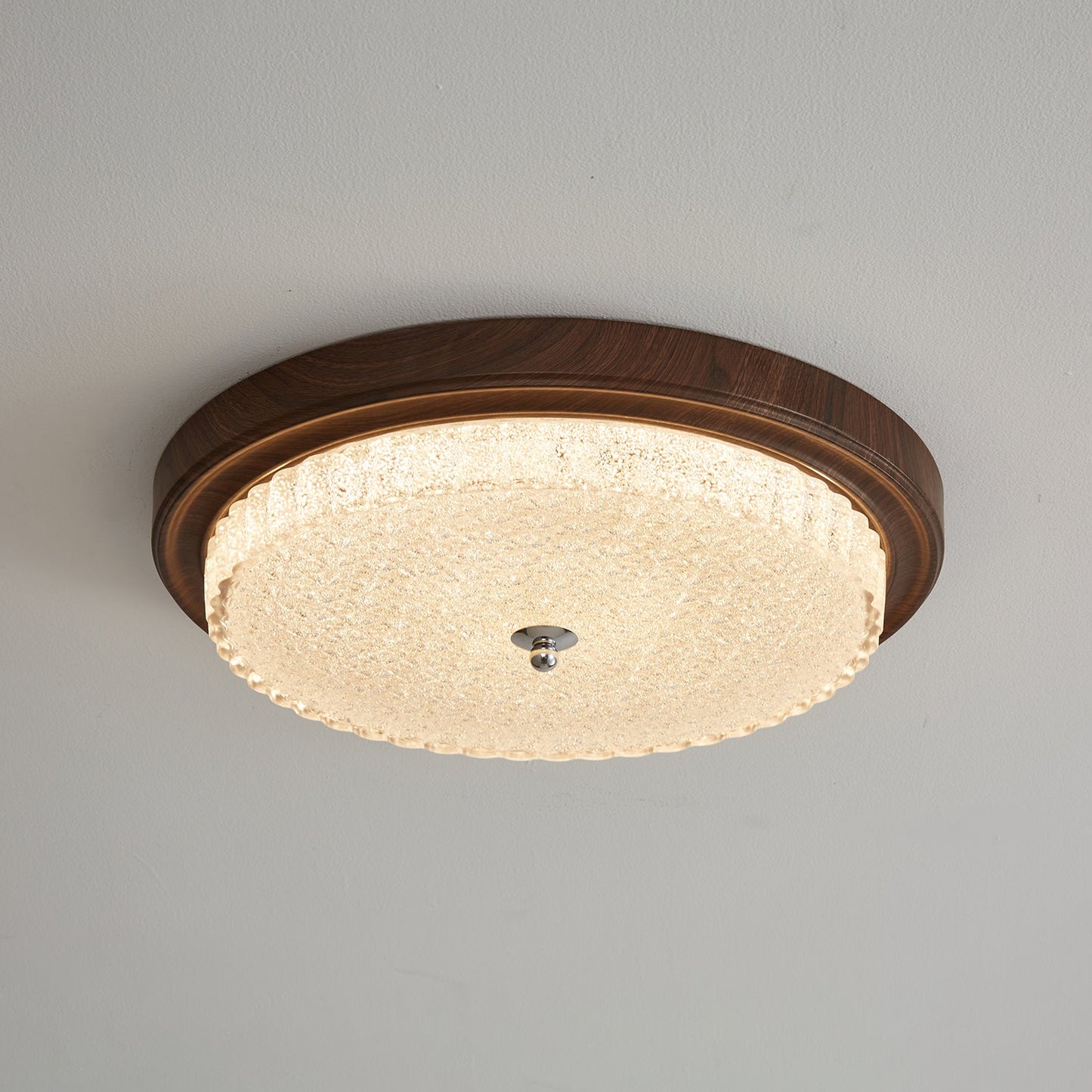 Orvella Ceiling Light | Walnut Wood & Textured Glass | 36cm/46cm Diameter
