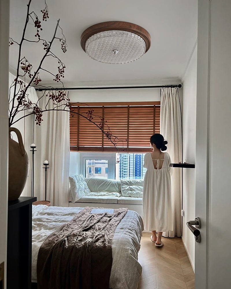 Orvella Ceiling Light | Walnut Wood & Textured Glass | 36cm/46cm Diameter