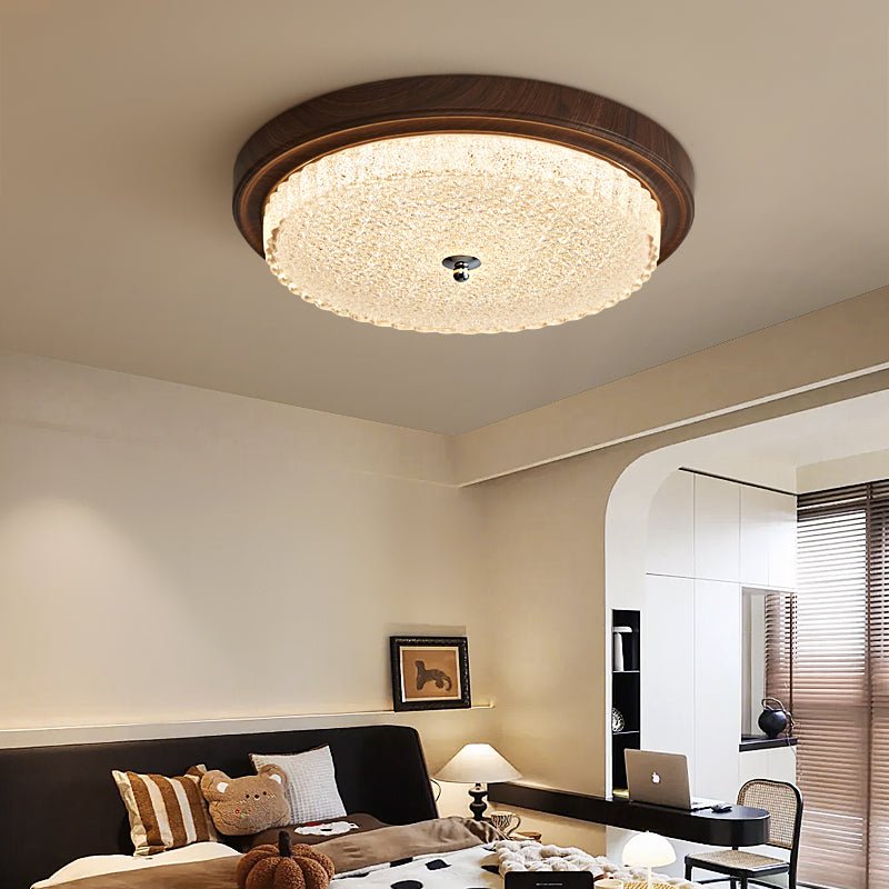 Orvella Ceiling Light | Walnut Wood & Textured Glass | 36cm/46cm Diameter