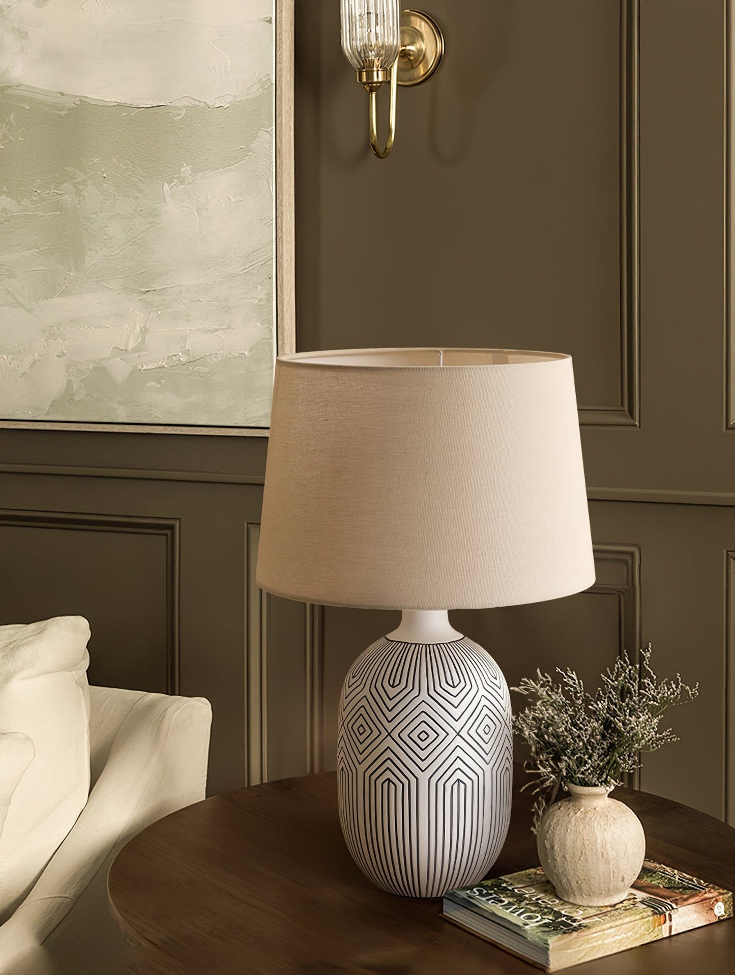 Geometric Table Lamp | Ceramic Base | White & Beige