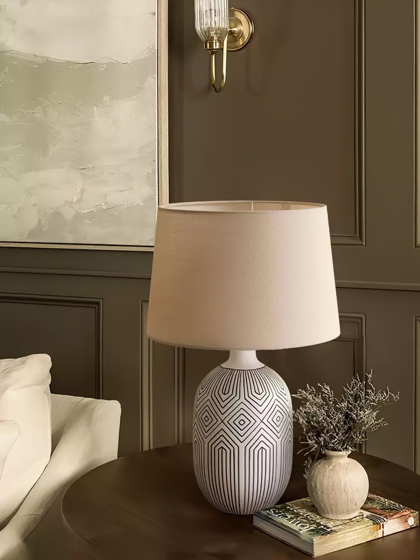 Geometric Table Lamp | Ceramic Base | White & Beige