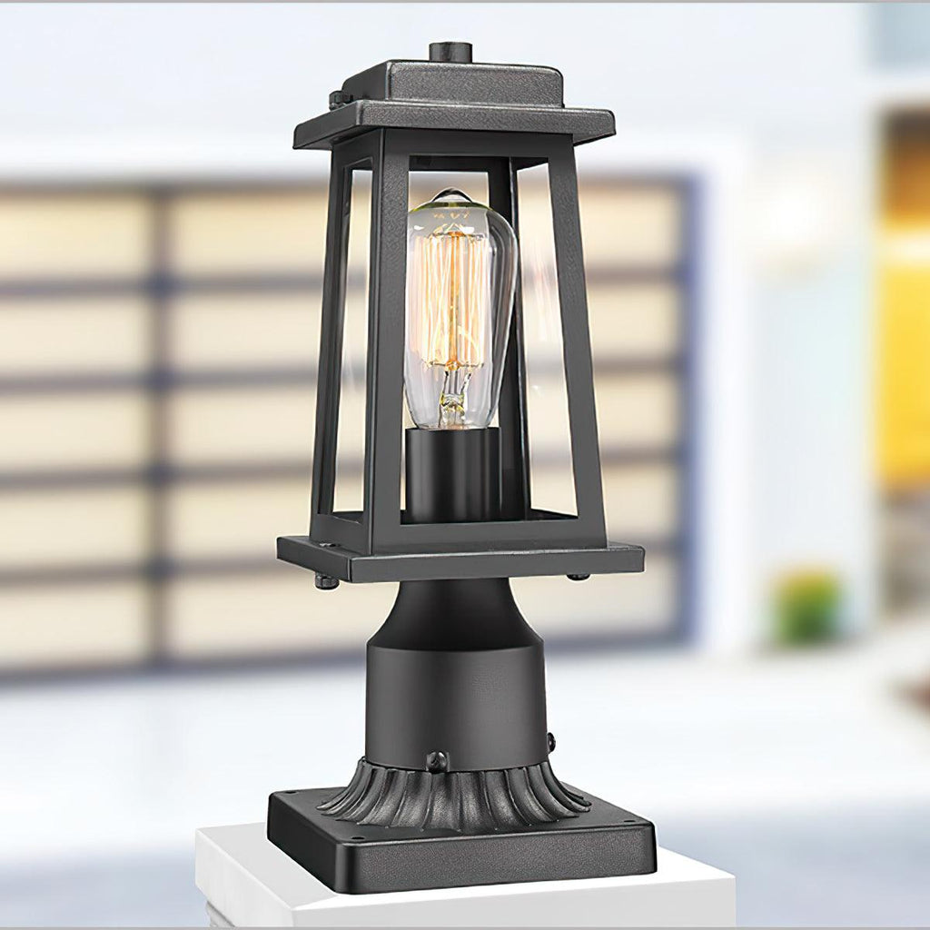 Outdoor Lantern Post Light | Black Metal & Tempered Glass | 36cm Height