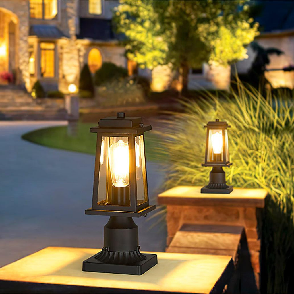 Outdoor Lantern Post Light | Black Metal & Tempered Glass | 36cm Height
