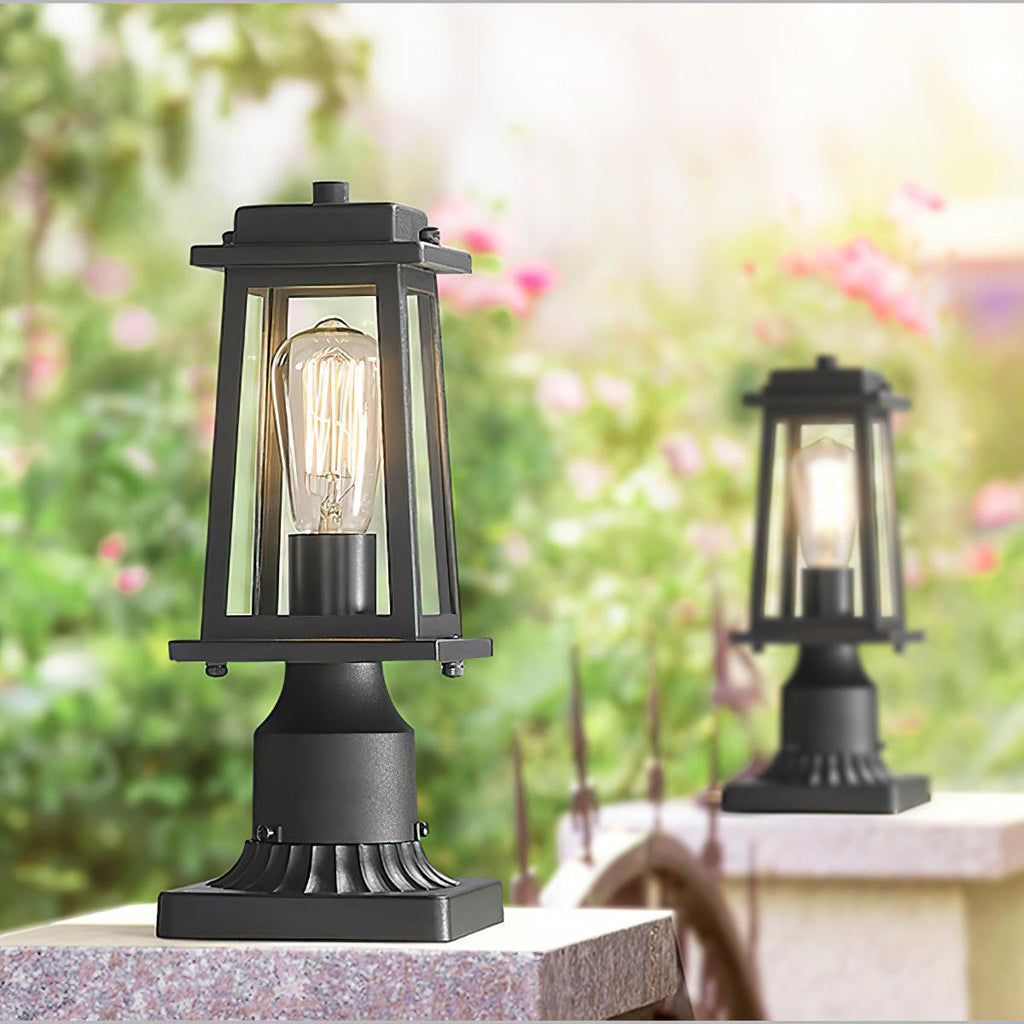 Outdoor Lantern Post Light | Black Metal & Tempered Glass | 36cm Height