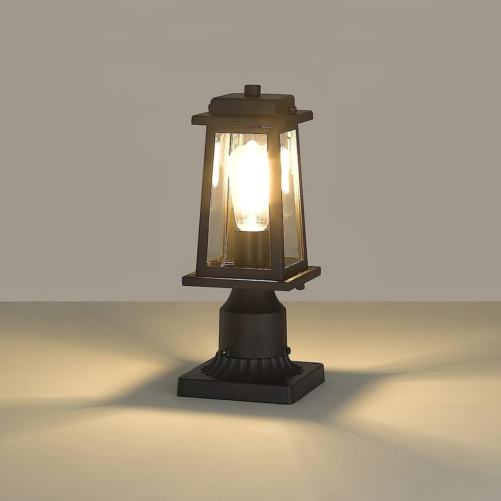 Outdoor Lantern Post Light | Black Metal & Tempered Glass | 36cm Height