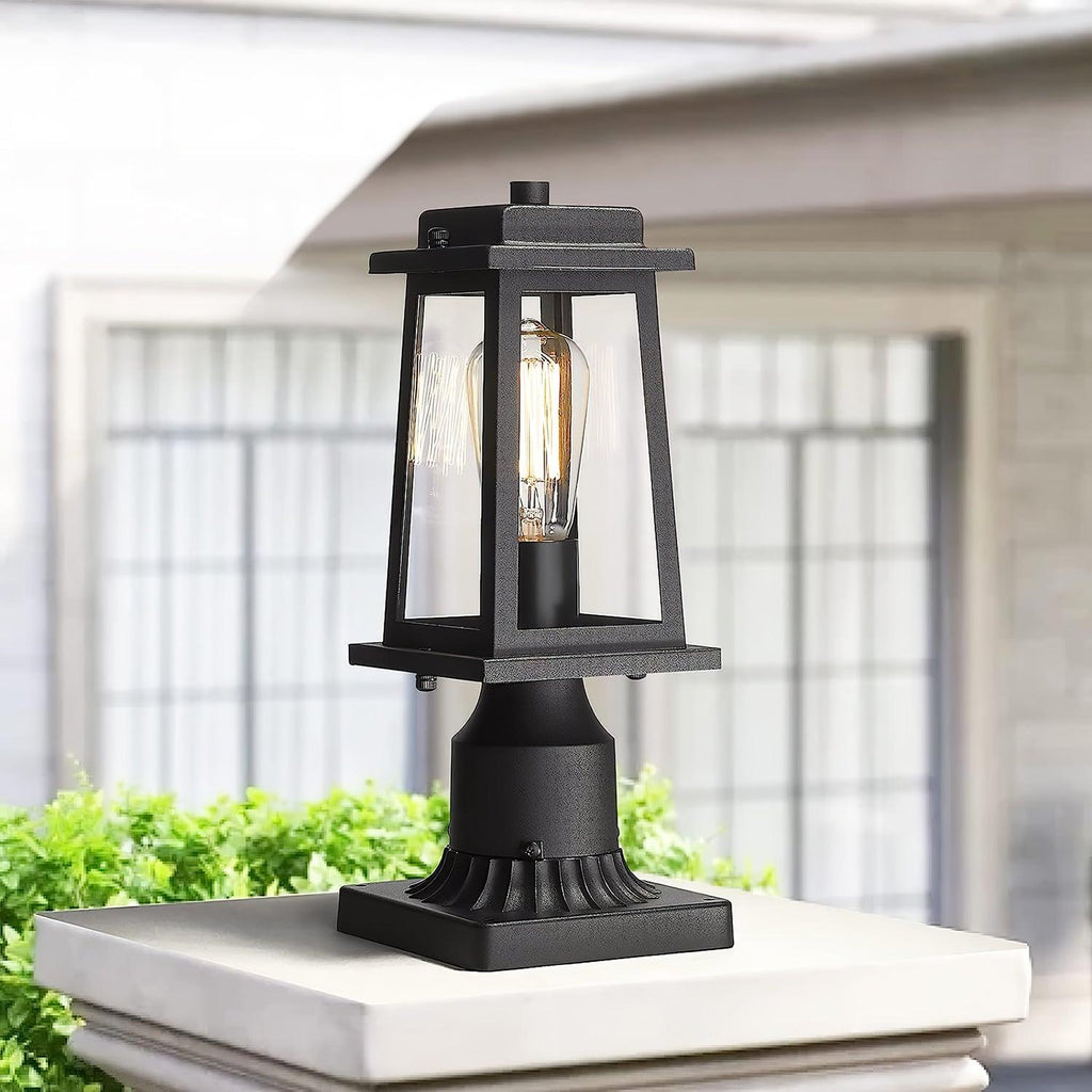 Outdoor Lantern Post Light | Black Metal & Tempered Glass | 36cm Height