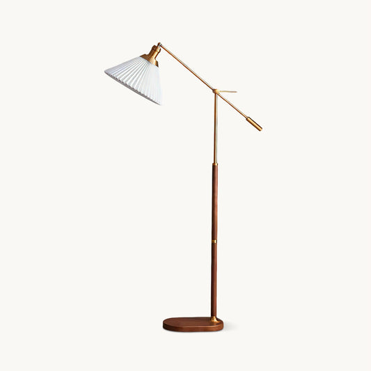 Pleated Floor Lamp | Wooden Base & Fabric Shade | Gold & Walnut