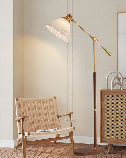 Pleated Floor Lamp | Wooden Base & Fabric Shade | Gold & Walnut