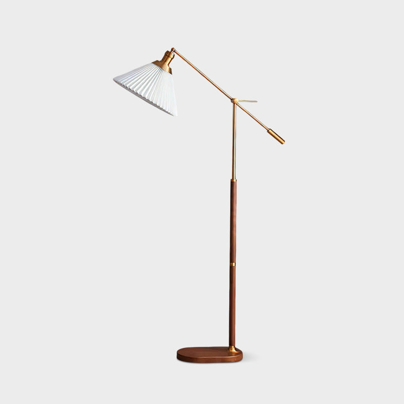 Pleated Floor Lamp | Wooden Base & Fabric Shade | Gold & Walnut