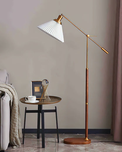 Pleated Floor Lamp | Wooden Base & Fabric Shade | Gold & Walnut