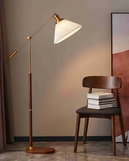 Pleated Floor Lamp | Wooden Base & Fabric Shade | Gold & Walnut