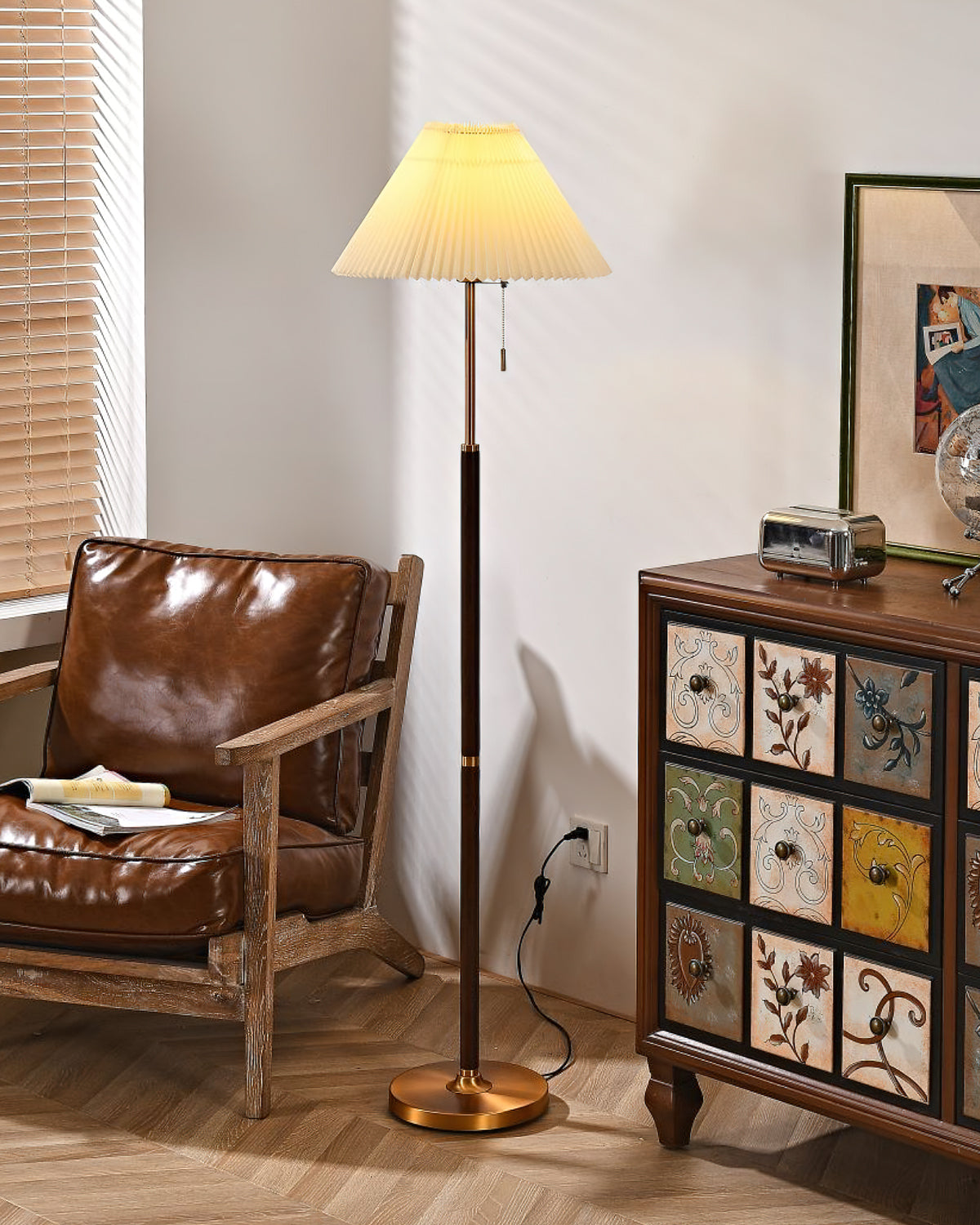 Wooden Floor Lamp | Walnut Finish | White Shade