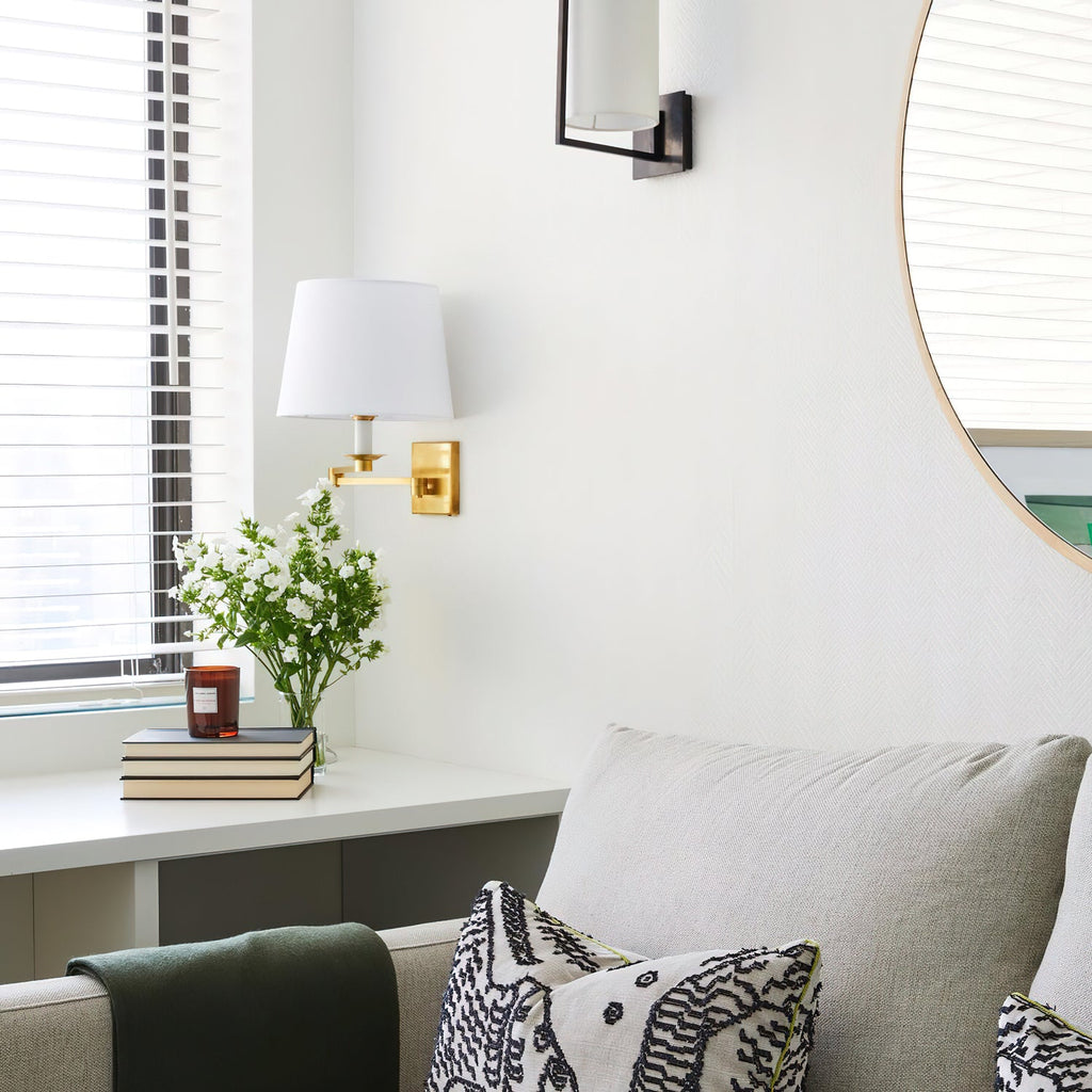 Pauline Swing Arm Wall Lamp | Polished Brass | White Shade