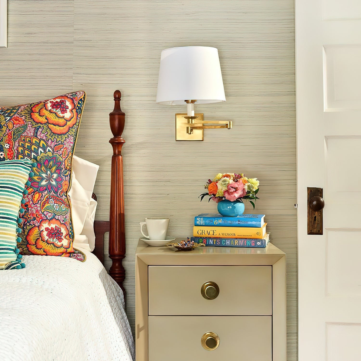 Pauline Swing Arm Wall Lamp | Polished Brass | White Shade