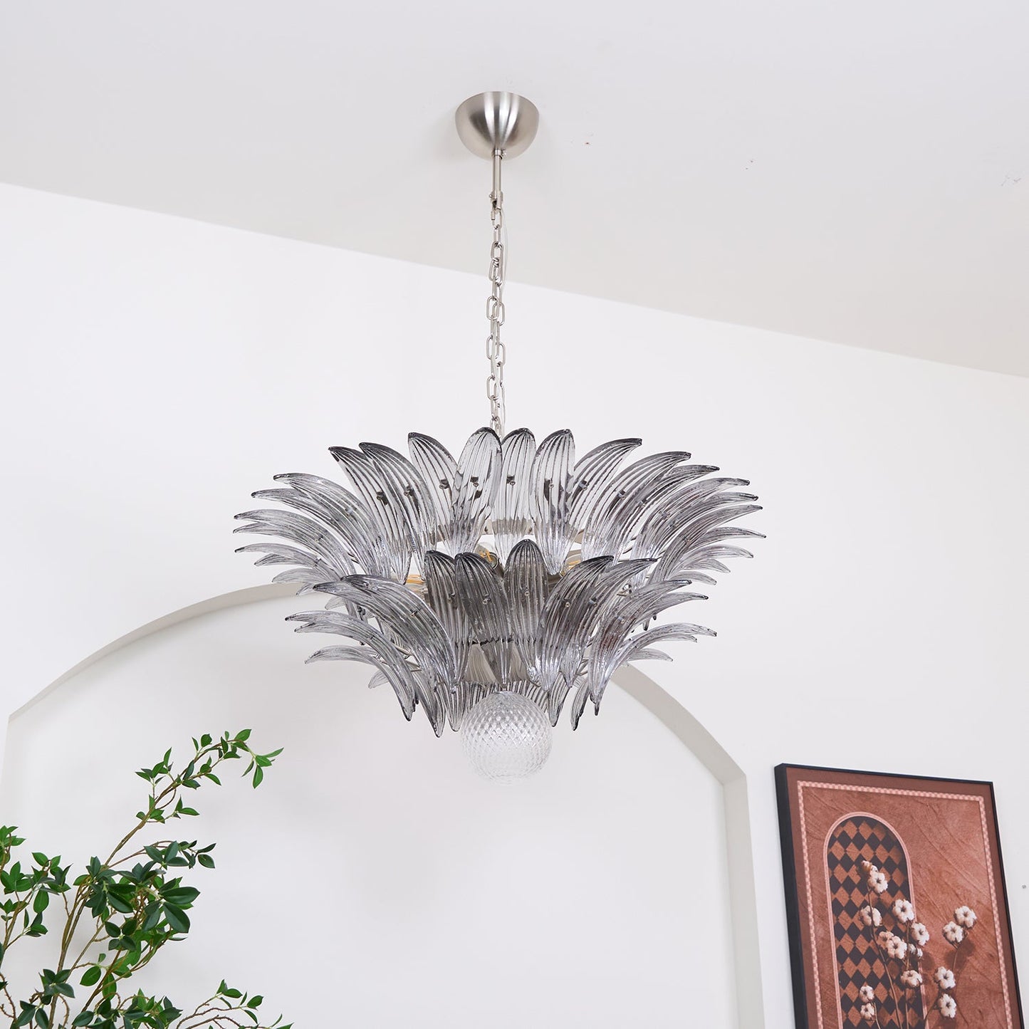 Pavia Glass Chandelier | Metal Frame | Chrome and Grey