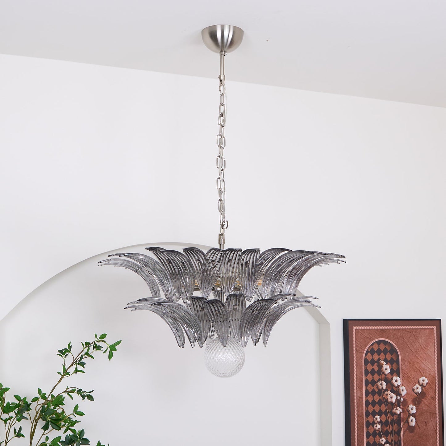 Pavia Glass Chandelier | Metal Frame | Chrome and Grey