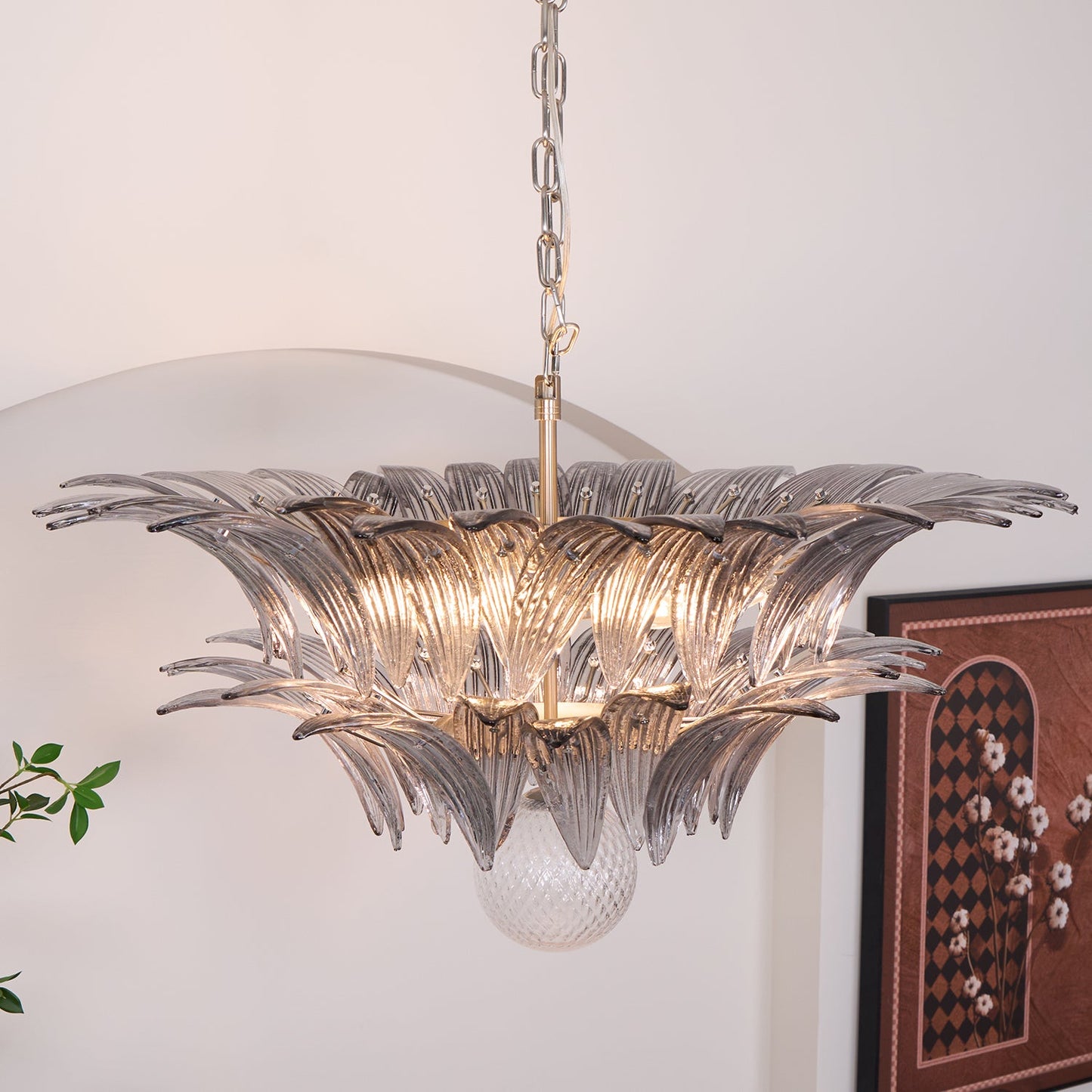 Pavia Glass Chandelier | Metal Frame | Chrome and Grey