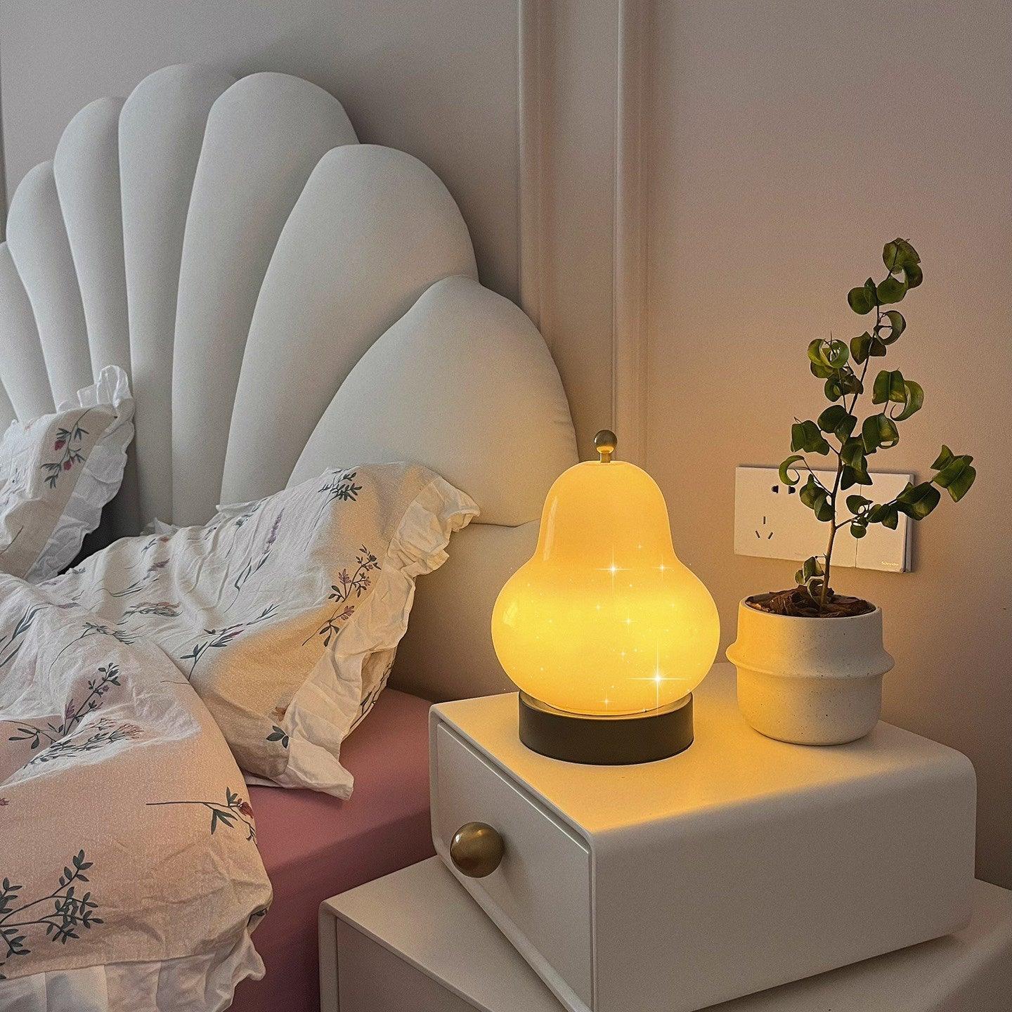 Pear Table Lamp | Vintage Metal & Glass | Gold and Cream