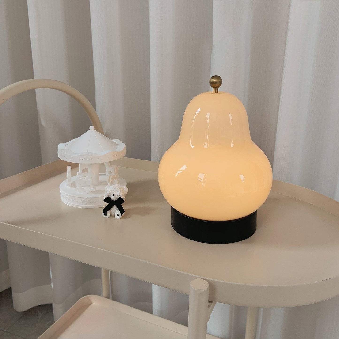 Pear Table Lamp | Vintage Metal & Glass | Gold and Cream