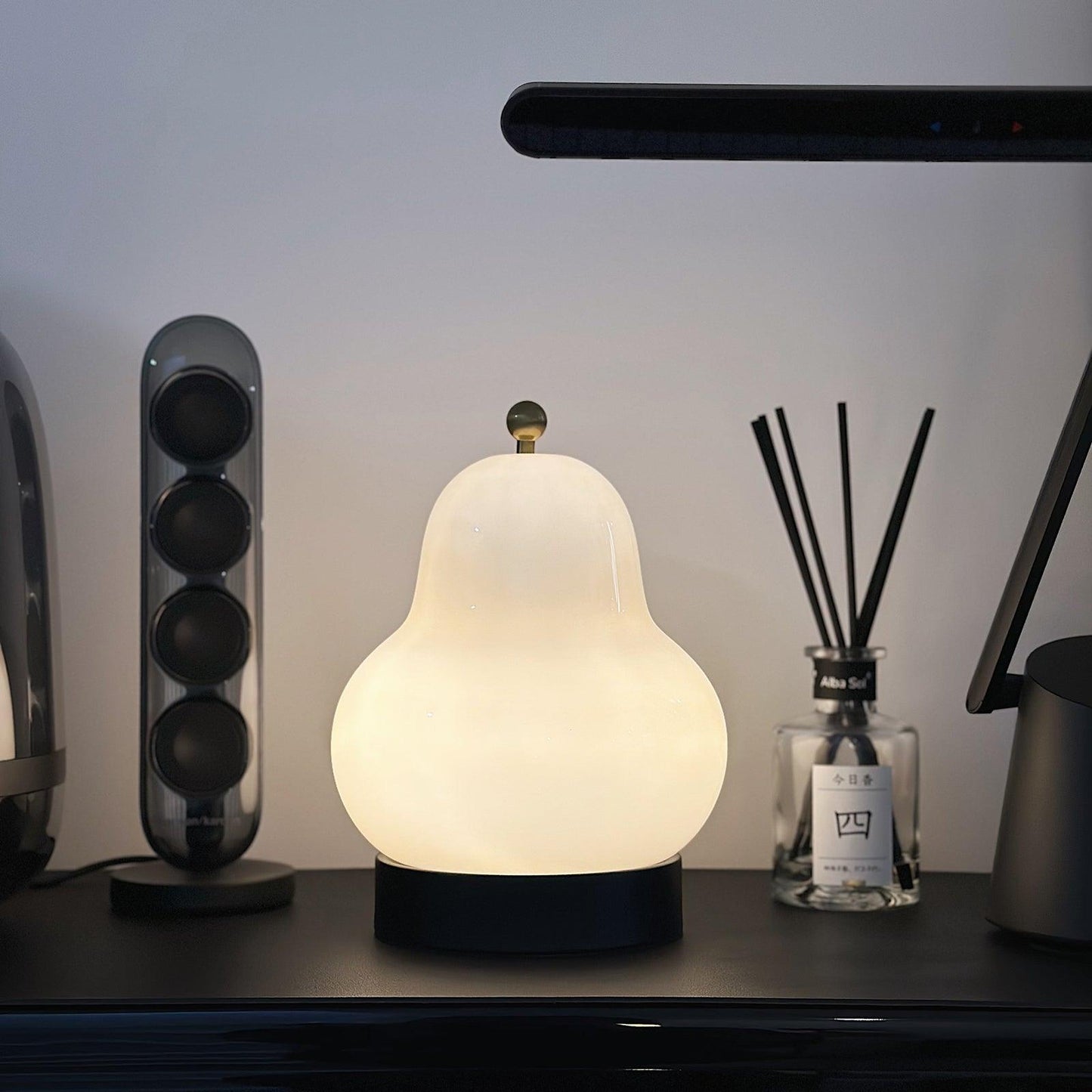 Pear Table Lamp | Vintage Metal & Glass | Gold and Cream