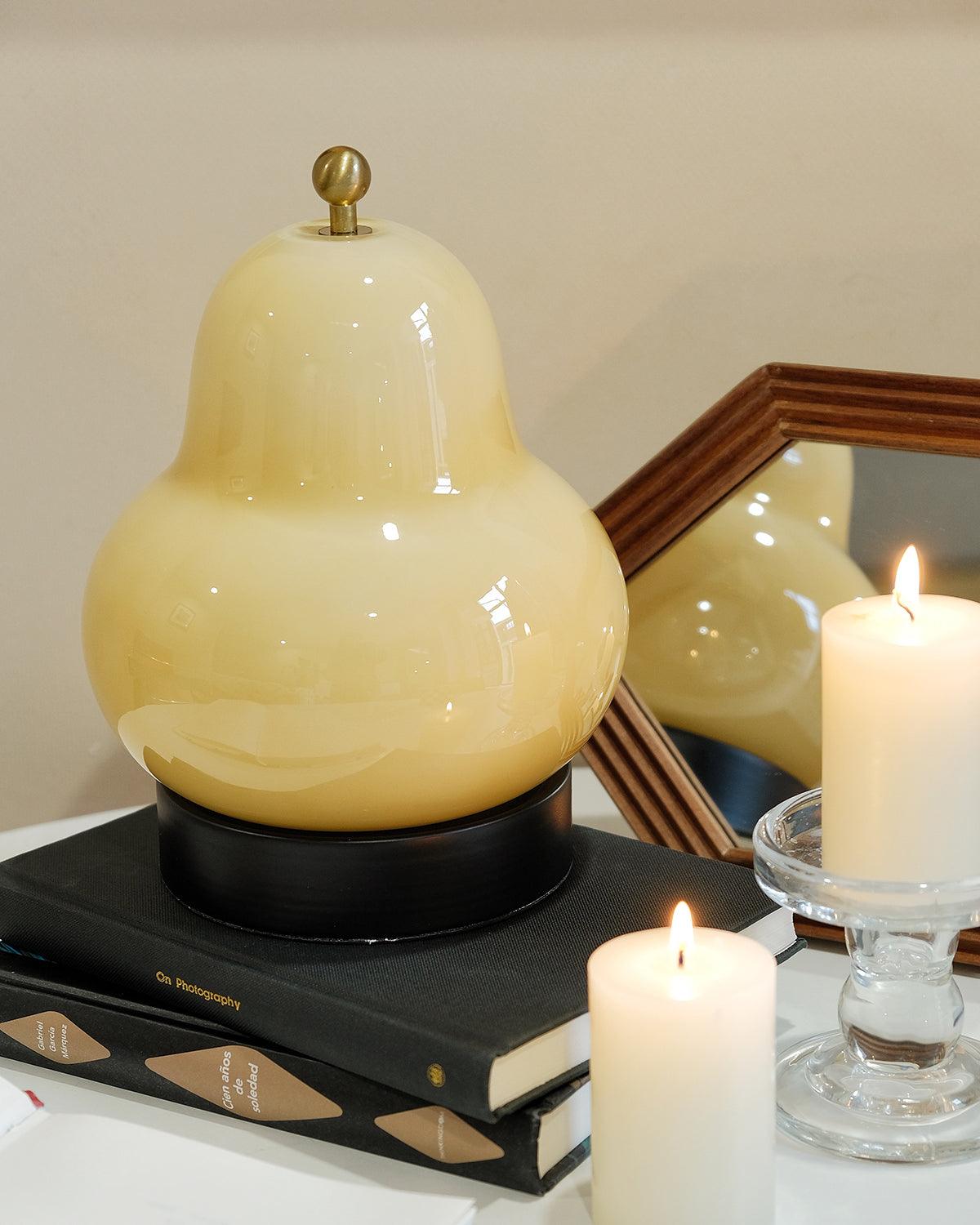 Pear Table Lamp | Vintage Metal & Glass | Gold and Cream