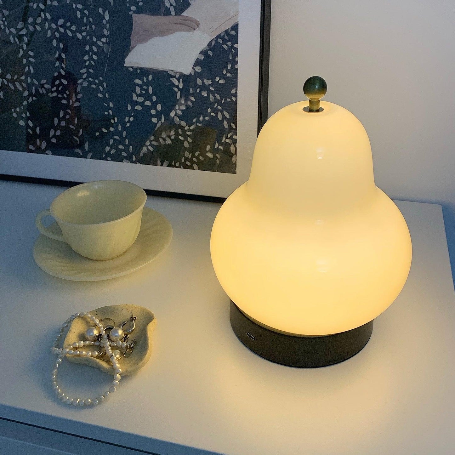 Pear Table Lamp | Vintage Metal & Glass | Gold and Cream