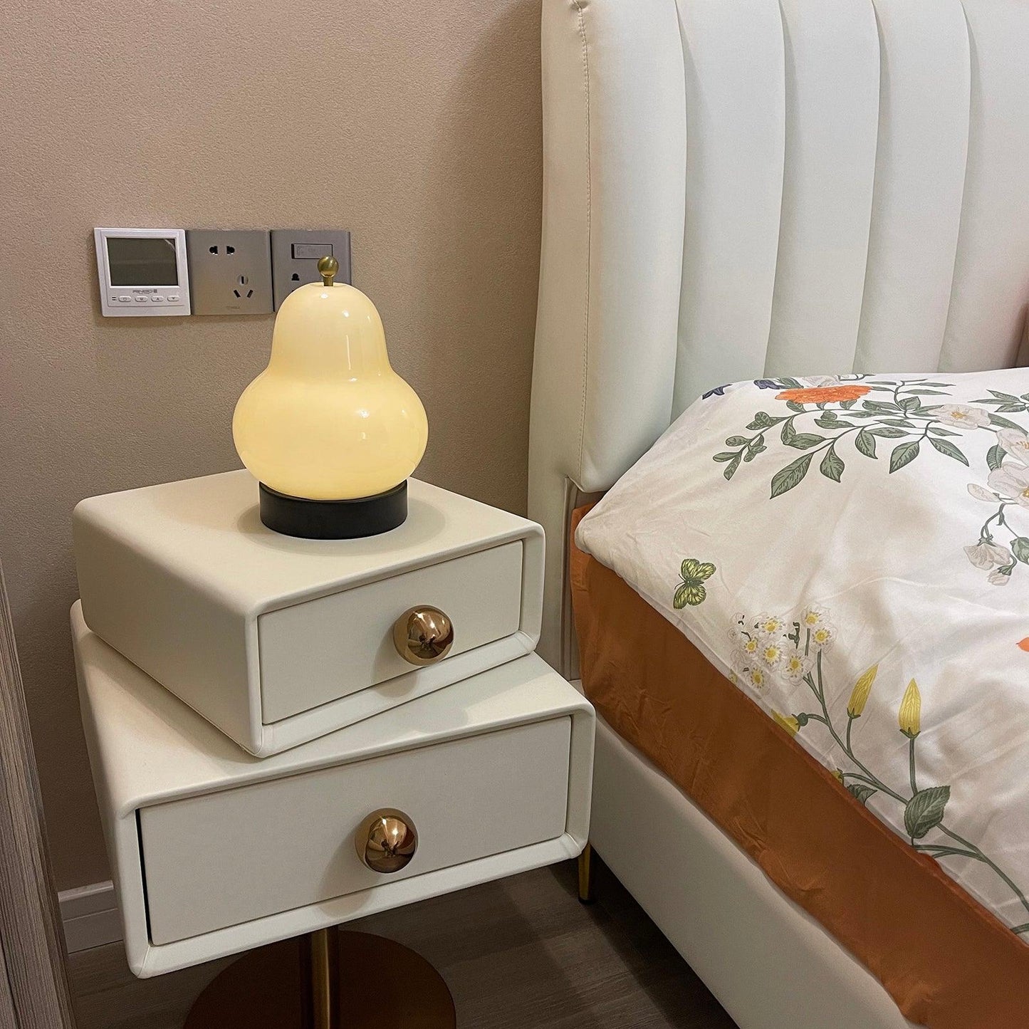 Pear Table Lamp | Vintage Metal & Glass | Gold and Cream