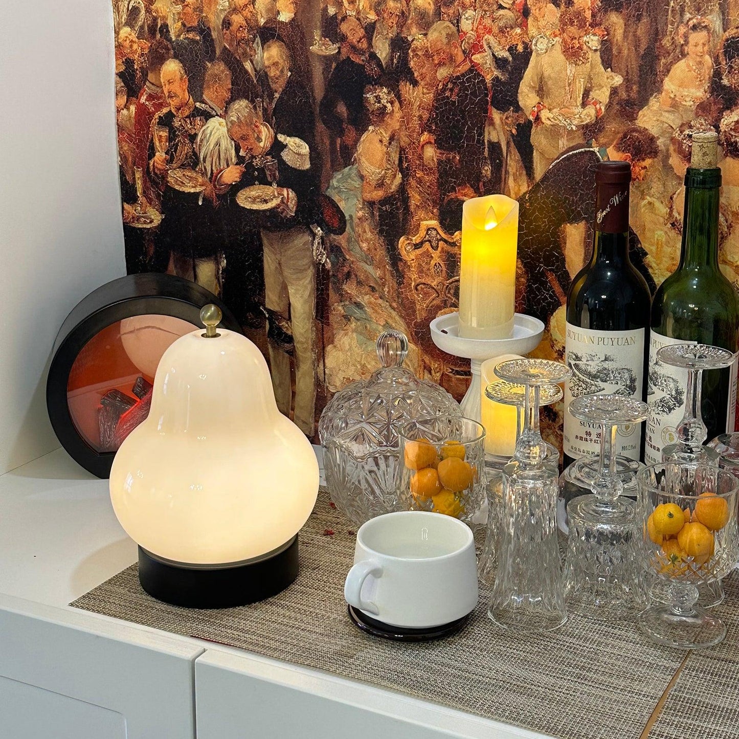 Pear Table Lamp | Vintage Metal & Glass | Gold and Cream