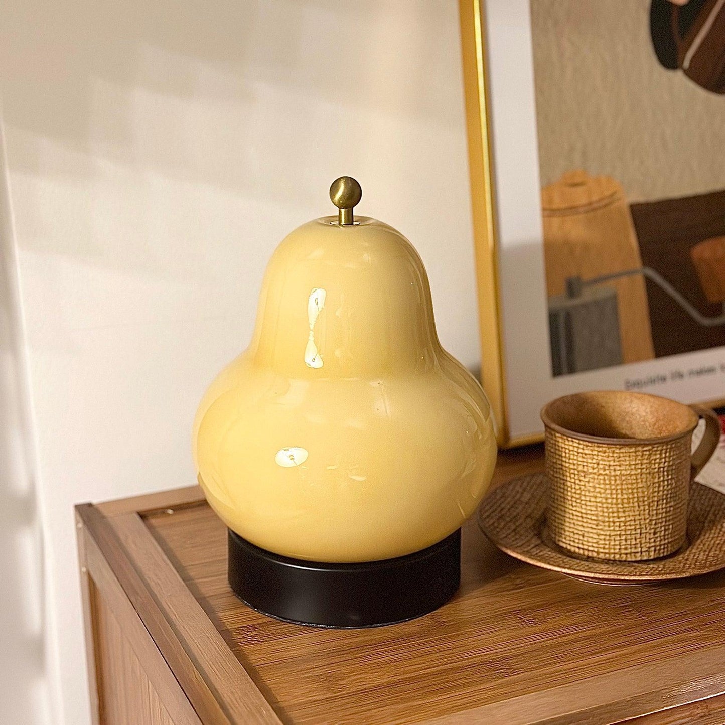 Pear Table Lamp | Vintage Metal & Glass | Gold and Cream