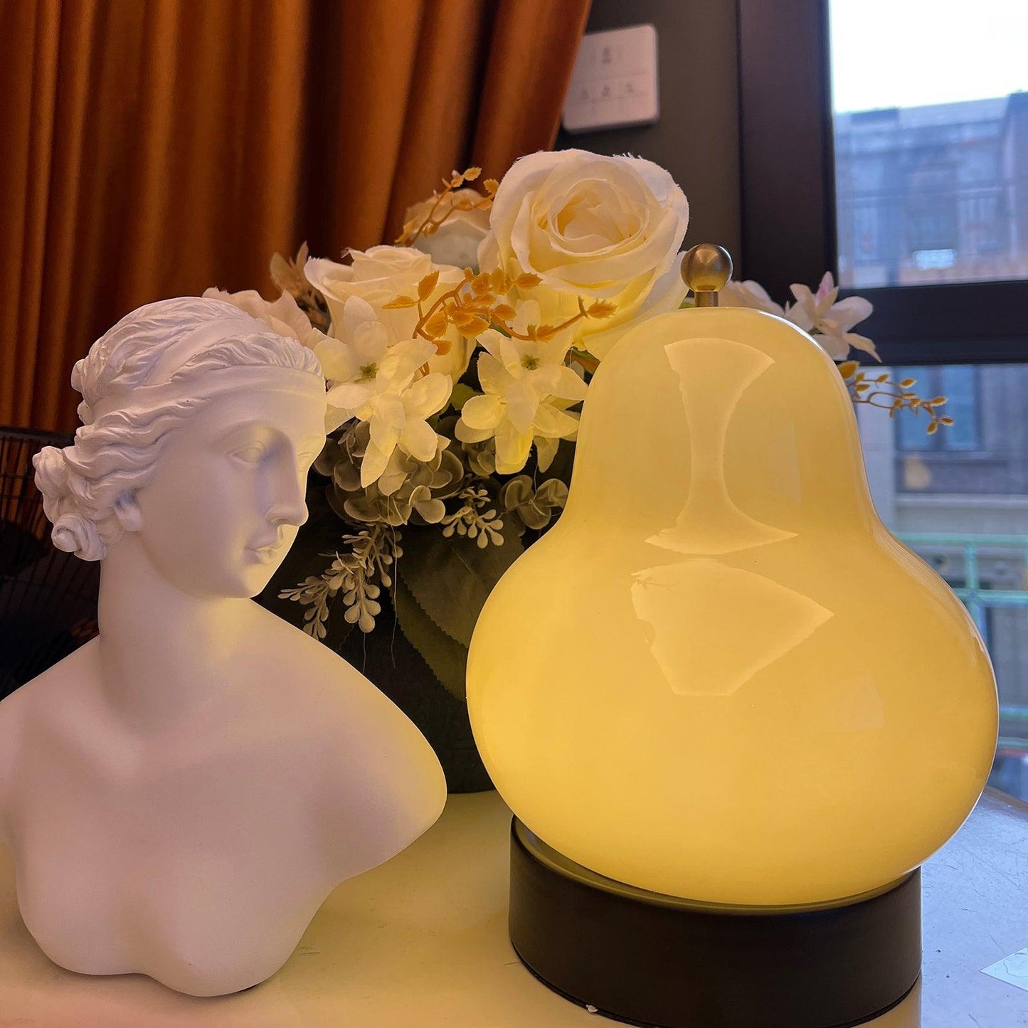 Pear Table Lamp | Vintage Metal & Glass | Gold and Cream