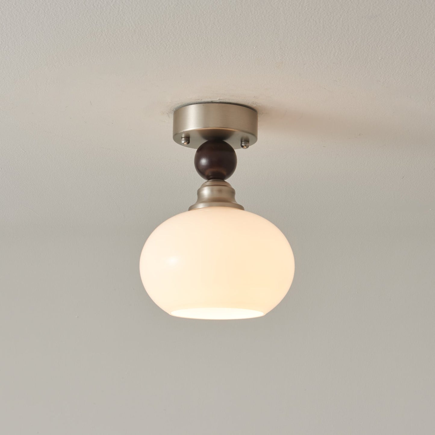 Pearl Sphere Ceiling Lamp | Frosted Glass & Walnut | 18cm Diameter