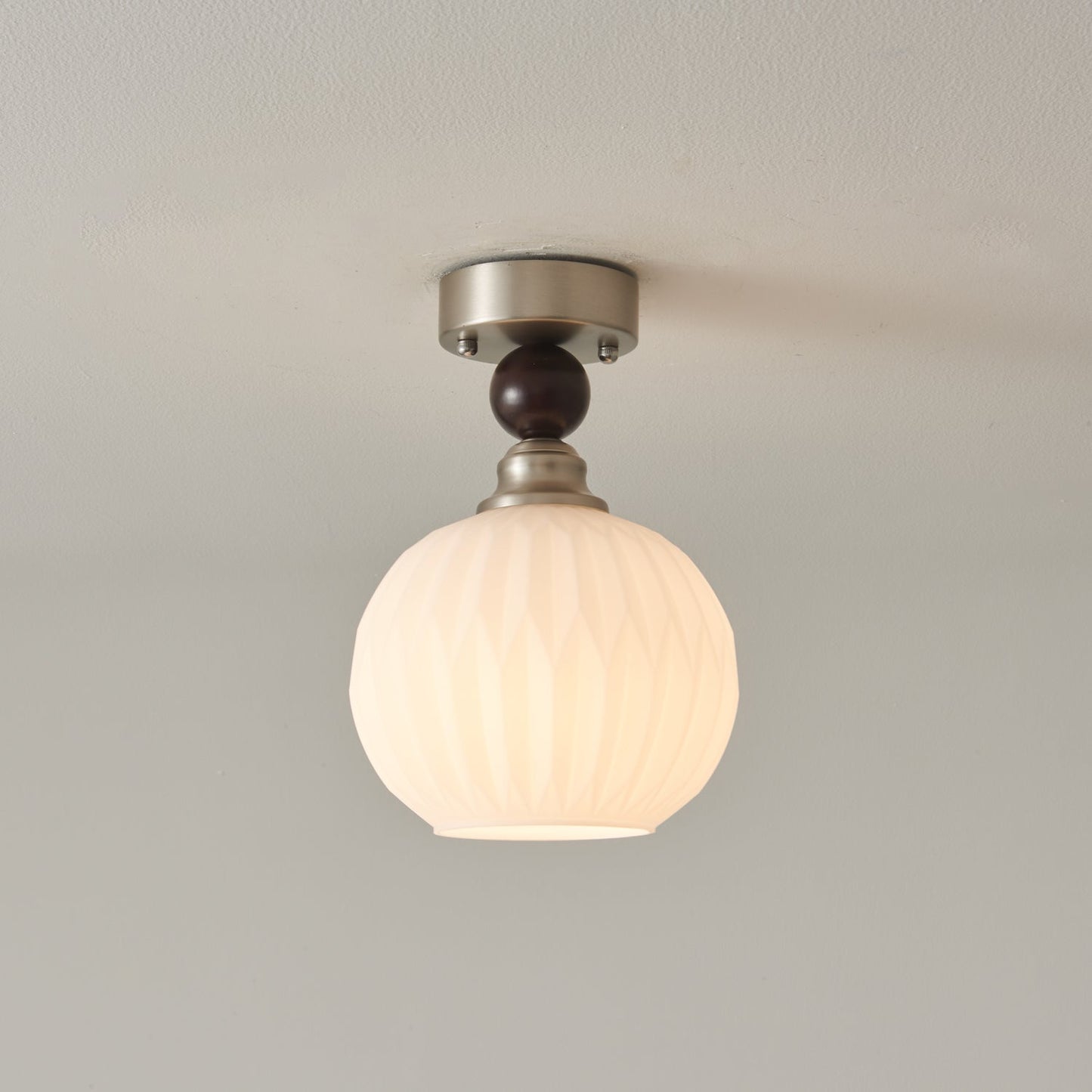 Pearl Sphere Ceiling Lamp | Frosted Glass & Walnut | 18cm Diameter