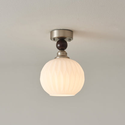 Pearl Sphere Ceiling Lamp | Frosted Glass & Walnut | 18cm Diameter