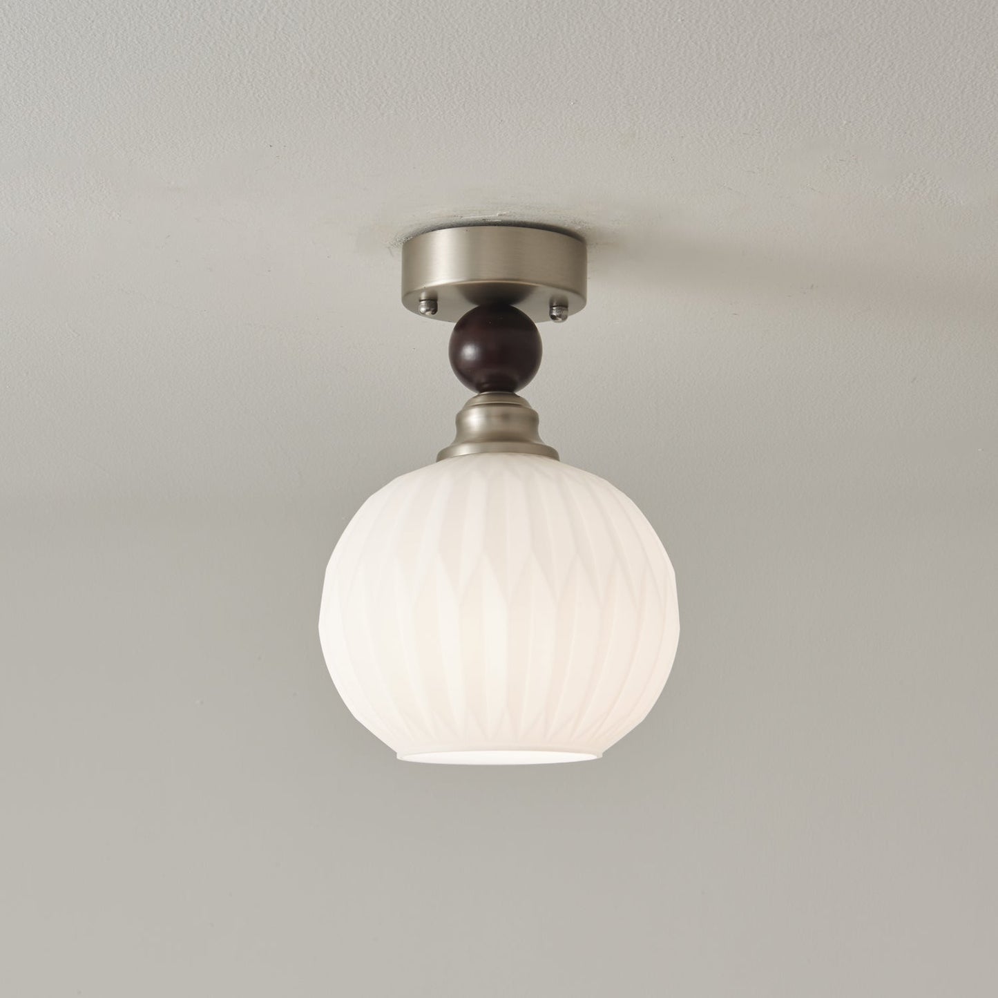Pearl Sphere Ceiling Lamp | Frosted Glass & Walnut | 18cm Diameter