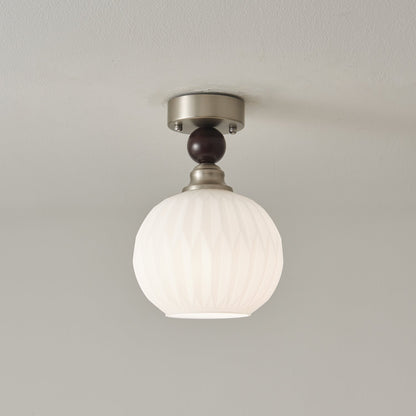Pearl Sphere Ceiling Lamp | Frosted Glass & Walnut | 18cm Diameter