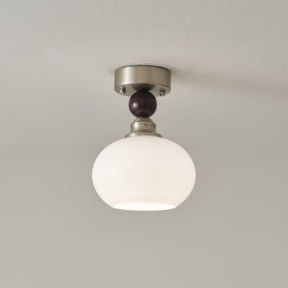 Pearl Sphere Ceiling Lamp | Frosted Glass & Walnut | 18cm Diameter